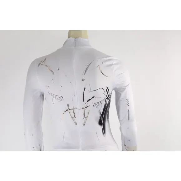 White Robotic Stretch Jumpsuit Tattoo Cyberpunk Longe Sleeve Bodysuit Size XS - Picture 13 of 14